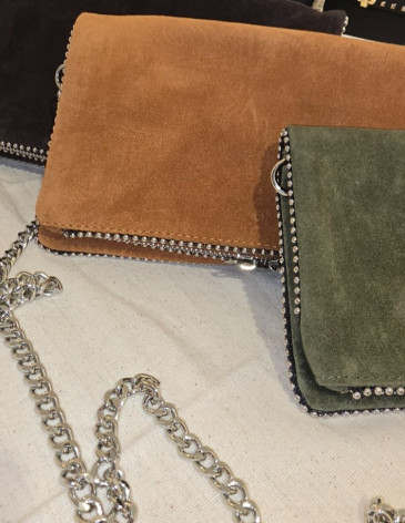 Gümüş Zincir Askılı Katlanır Süet Clutch El ve Omuz Çantası