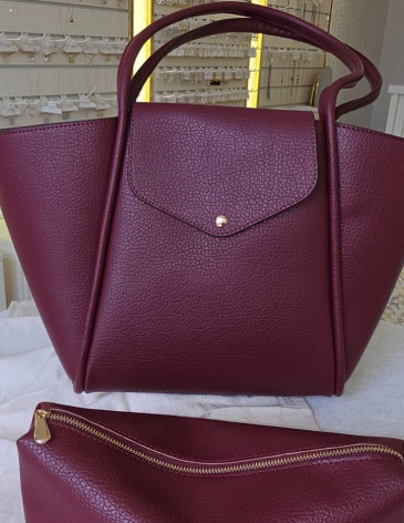 Kadın Bordo İkili Set Trapez Tote Omuz Çantası & Fermuarlı İç Çantalı Portföy