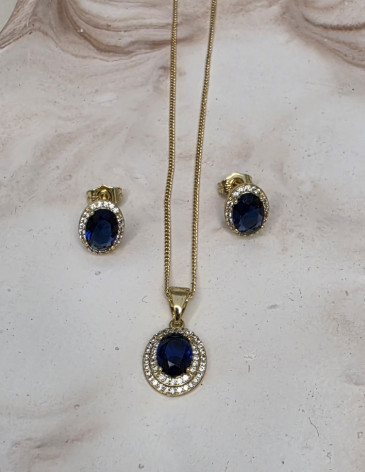14K Altın Kaplama Çelik Safir Mavisi Halo Taşlı Kolye & Küpe İkili Takım 14K Altın Kaplama Çelik Safir Mavisi Halo Taşlı Kolye & Küpe İkili Takım
