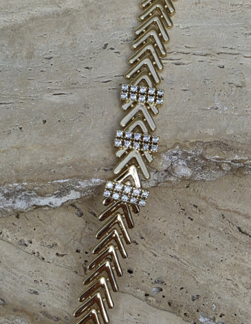 14K Altın Kaplama Çelik Pavé Zirkon Taşlı Balıksırtı (Chevron) Tasarım Bileklik