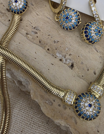 14K Altın Kaplama Çelik Pavé Zirkon Taşlı Nazar Figürlü Snake Zincir Kolye & Küpe Takımı