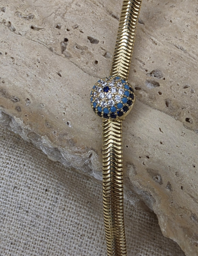 14K Altın Kaplama Çelik Pavé Zirkon Taşlı Nazar Figürlü Snake Zincir Kolye & Küpe Takımı