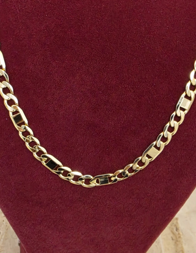 14K Altın Kaplama Çelik Plaka Detaylı Ezme Gurmet Zincir Kolye (50 cm & 55 cm)