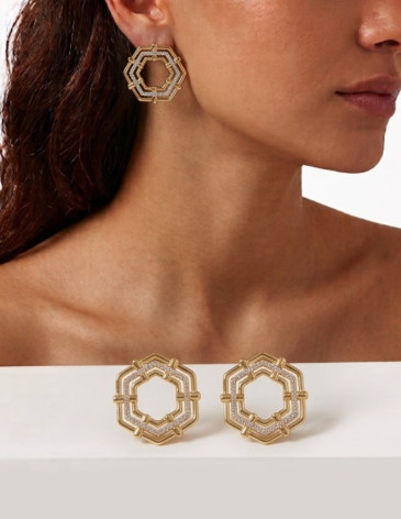 Geometrik Sekizgen Taşlı Gold Küpe