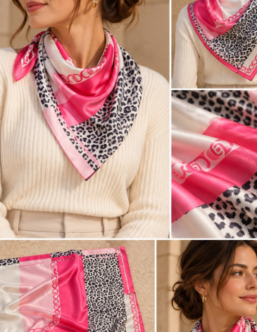 Pembe Leopar Desenli Saten Fular
